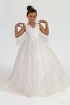 Brązowa sukienka dla dziewczynki w wieku 7–11 lat 30027 w kolorze złamanej bieli